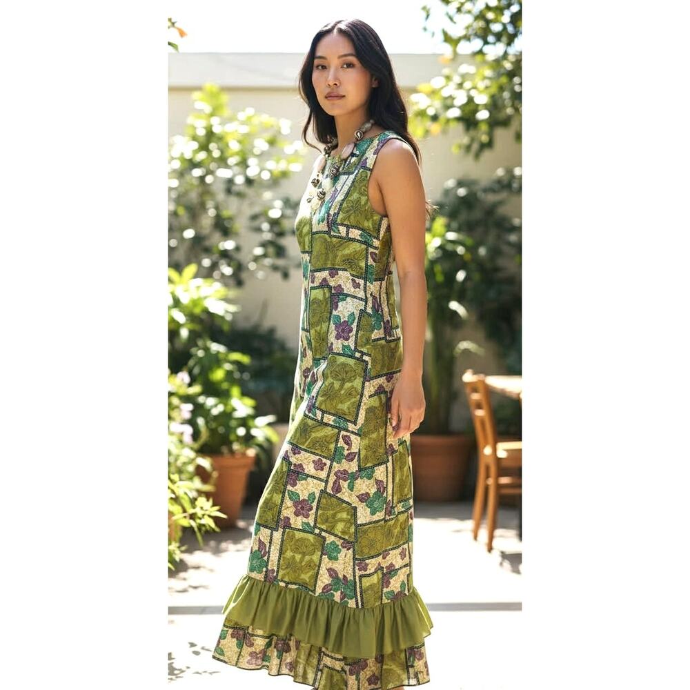 Vintage 70s Hawaiian Floral Patchwork Maxi Dress Green Boho Cotton Ruffle Hem S - Picture 2 of 8